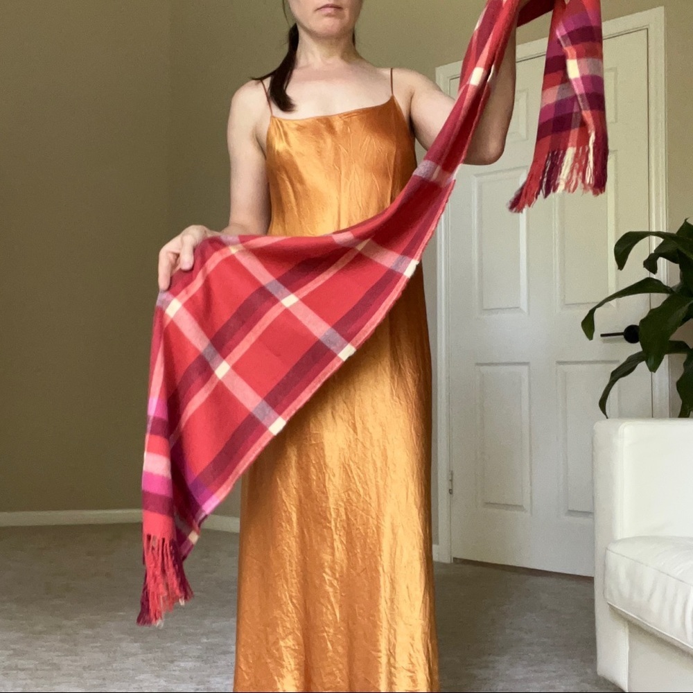 Red Pink White Large Soft Plaid Scarf with Tassels